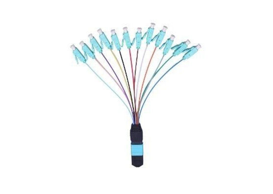 Cina Rugi Pengembalian Tinggi Kabel Patch MPO Perempuan OM3 MPO Ke LC 0.9mm Panjang 12 Warna pemasok